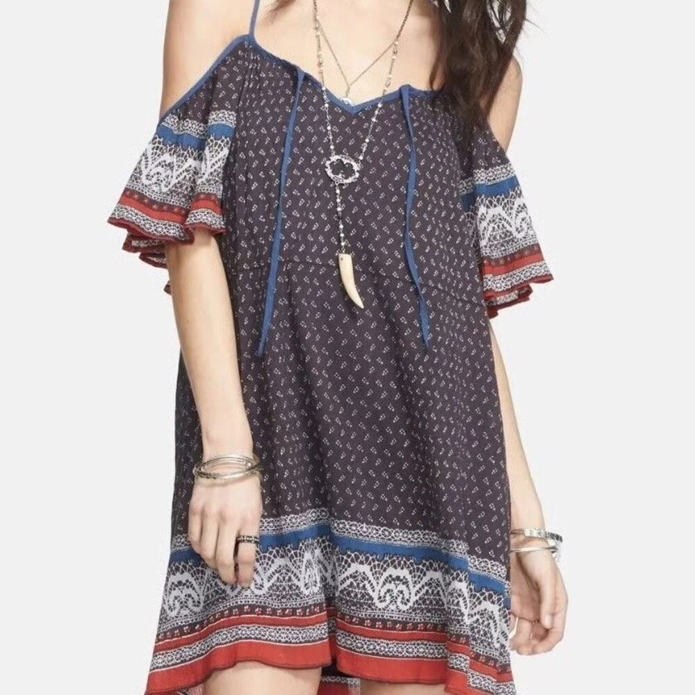 Free People Boho Mini Dress White Blue Cold Shoulder Short Flutter Sleeve Size M